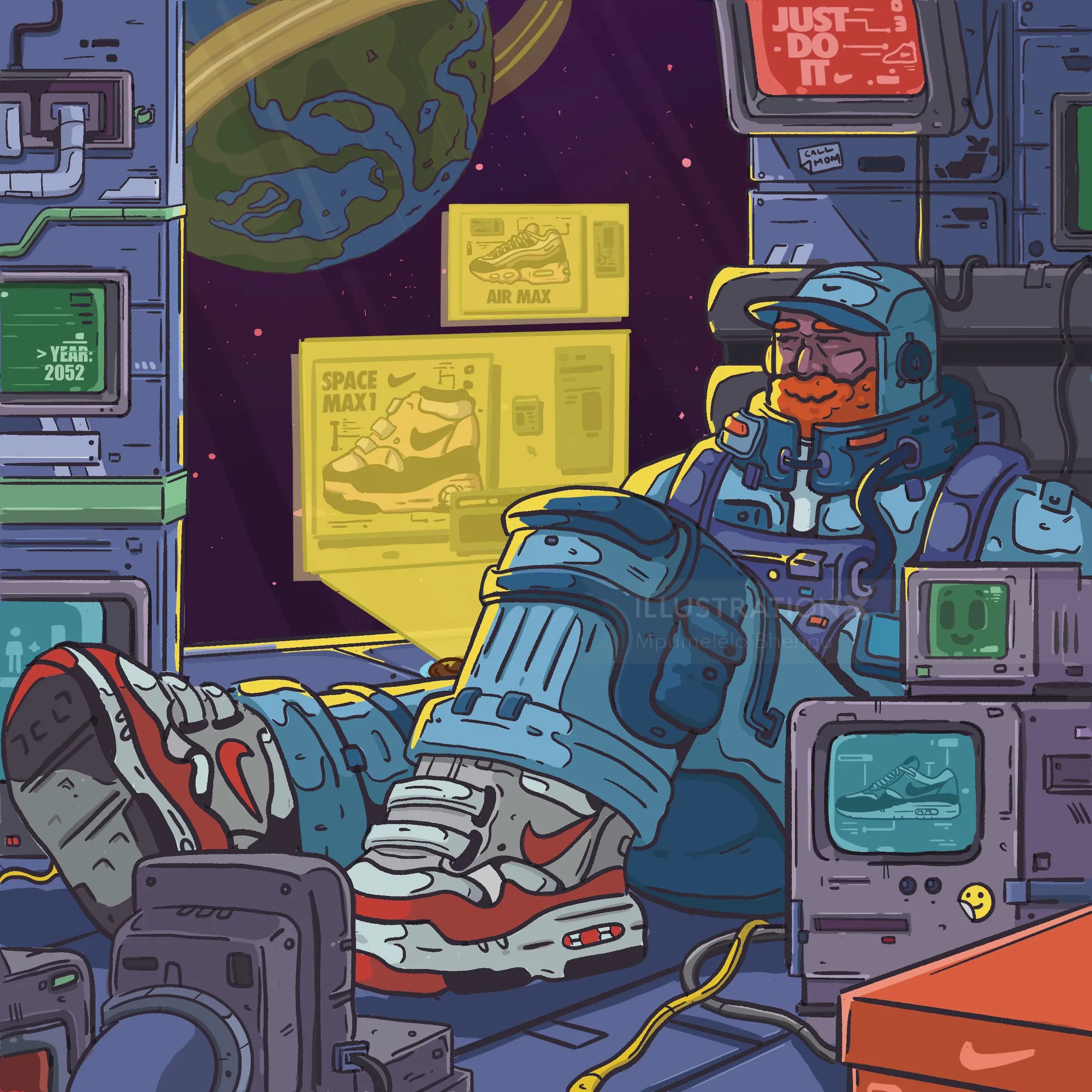 Der Astronaut von Mpumelelo Bhengu trägt Nike-Sneaker im Weltraum