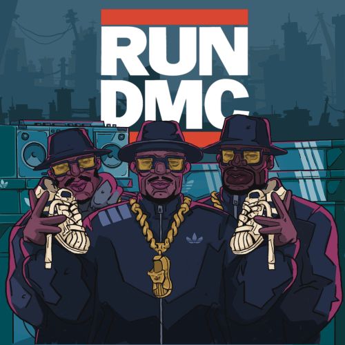 RUN DMC trio holding sneakers in a stylized urban background by Mpumelelo Bhengu