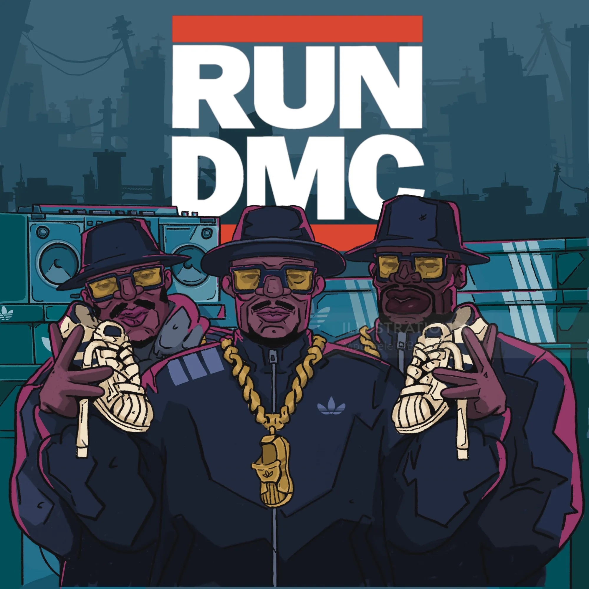 RUN DMC 三人组手持运动鞋，背景是风格化的都市风格，由 Mpumelelo Bhengu 拍摄。