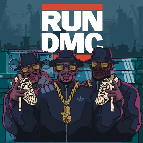 Das RUN DMC-Trio hält Sneaker vor einem stilisierten urbanen Hintergrund (Foto: Mpumelelo Bhengu).