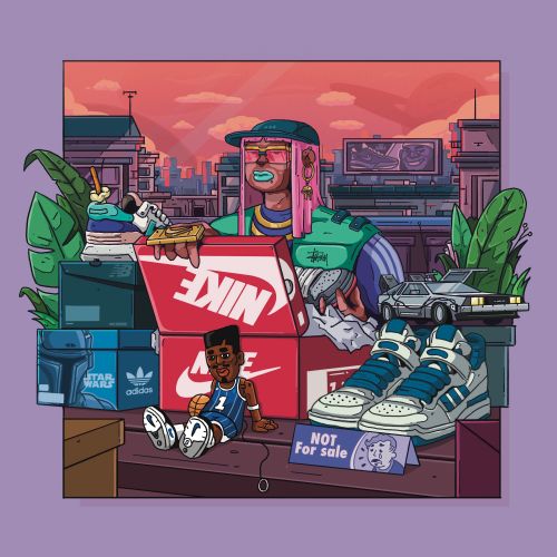 Colorful sneaker collection scene with toys and city background by Mpumelelo Bhengu