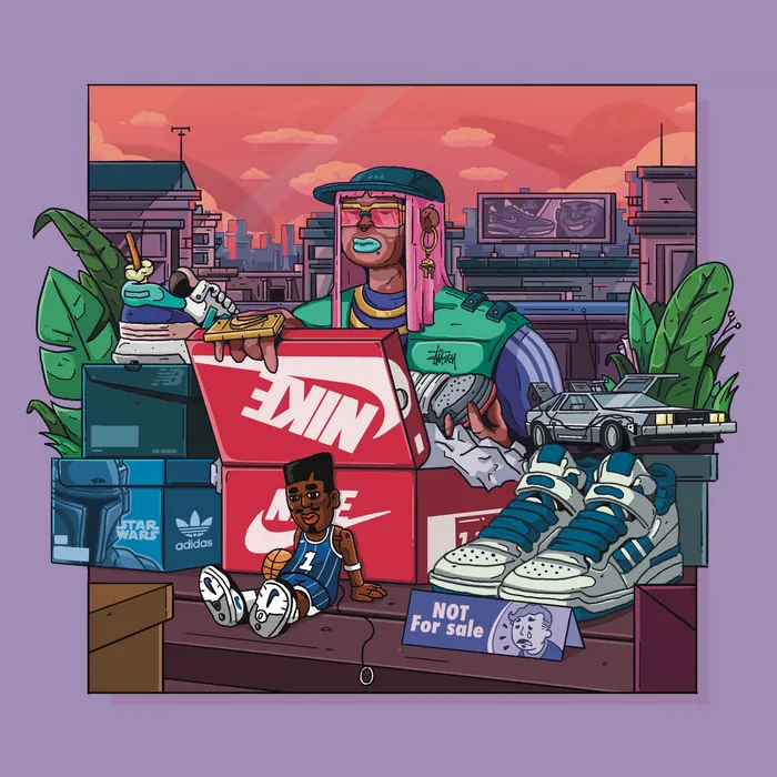 Colorful sneaker collection scene with toys and city background by Mpumelelo Bhengu