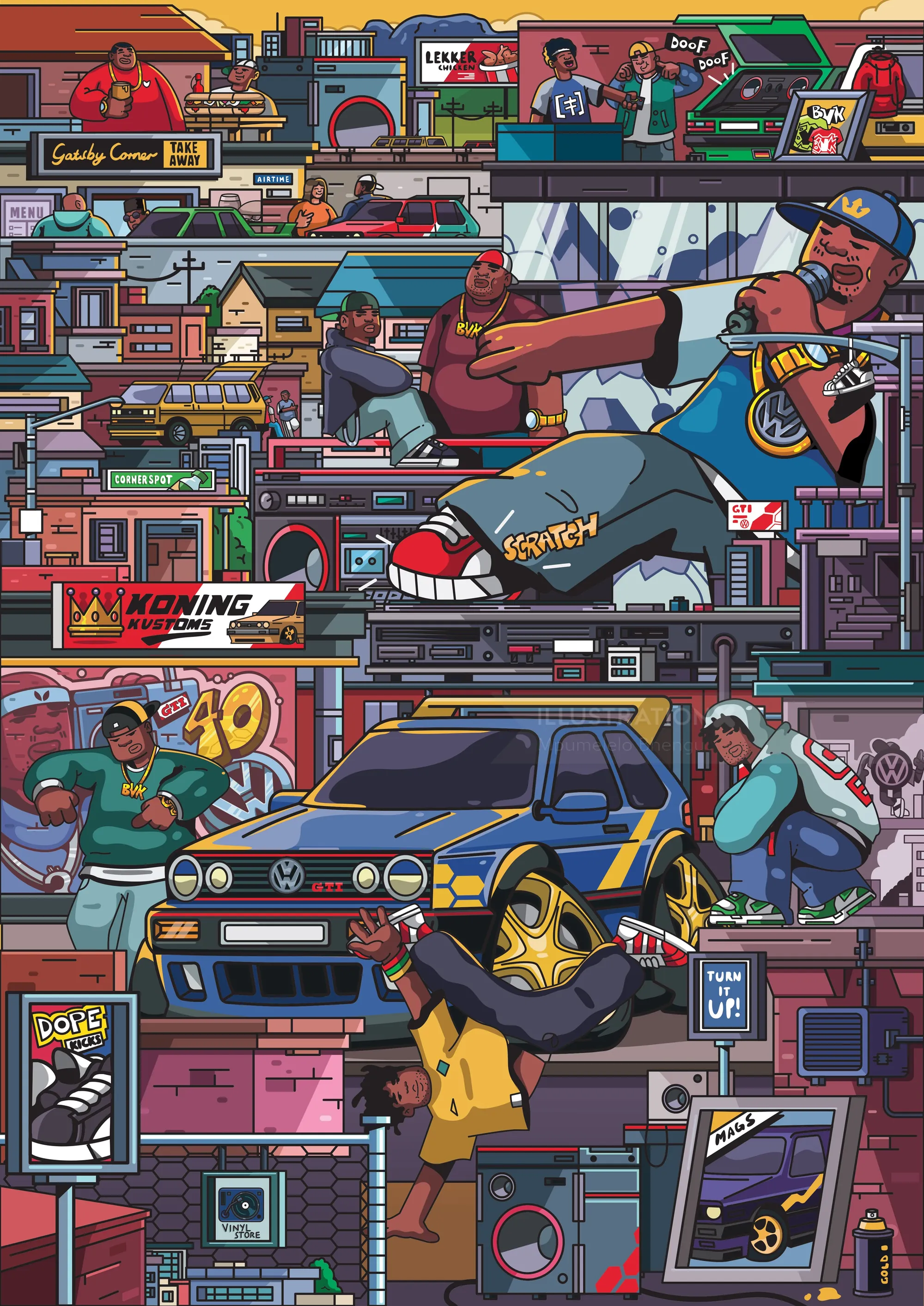 Ilustración colorida de un VW GTI y escenas urbanas por Mpumelelo Bhengu