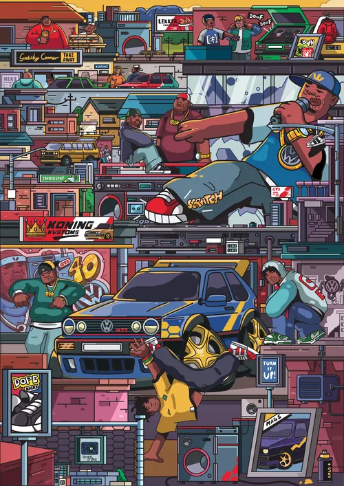 Farbenfrohe Illustration eines VW GTI und urbaner Szenen von Mpumelelo Bhengu