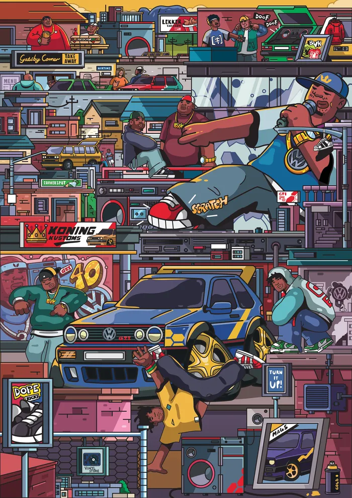 Colorful illustration of VW GTI and urban scenes by Mpumelelo Bhengu
