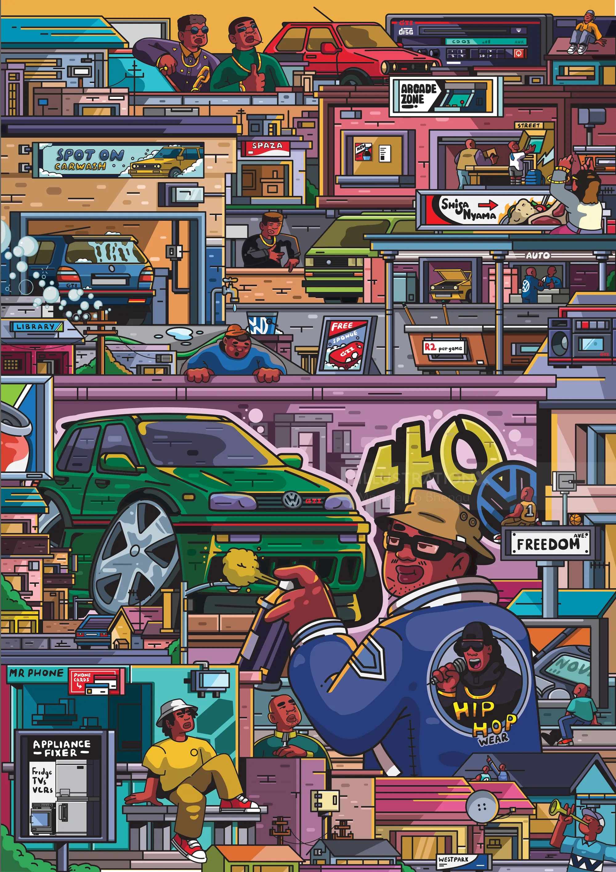 Colorful digital art of VW GTI and urban scenes by Mpumelelo Bhengu