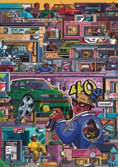 Farbenfrohe digitale Kunst von VW GTI und Stadtszenen von Mpumelelo Bhengu