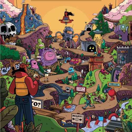 Ilustración detallada y colorida de una escena de un pueblo fantástico realizada por Mpumelelo Bhengu