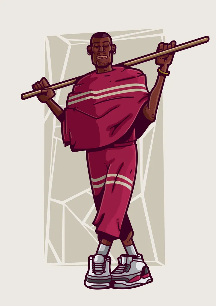 Illustration of Masai warrior in traditional attire holding spear by Mpumelelo Bhengu