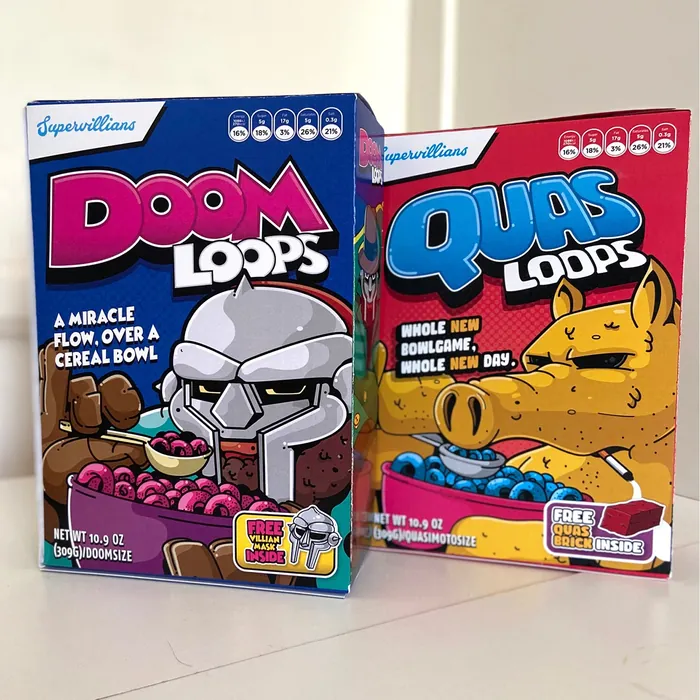 Cartoon cereal boxes Doom Loops and Quads Loops by Mpumelelo Bhengu