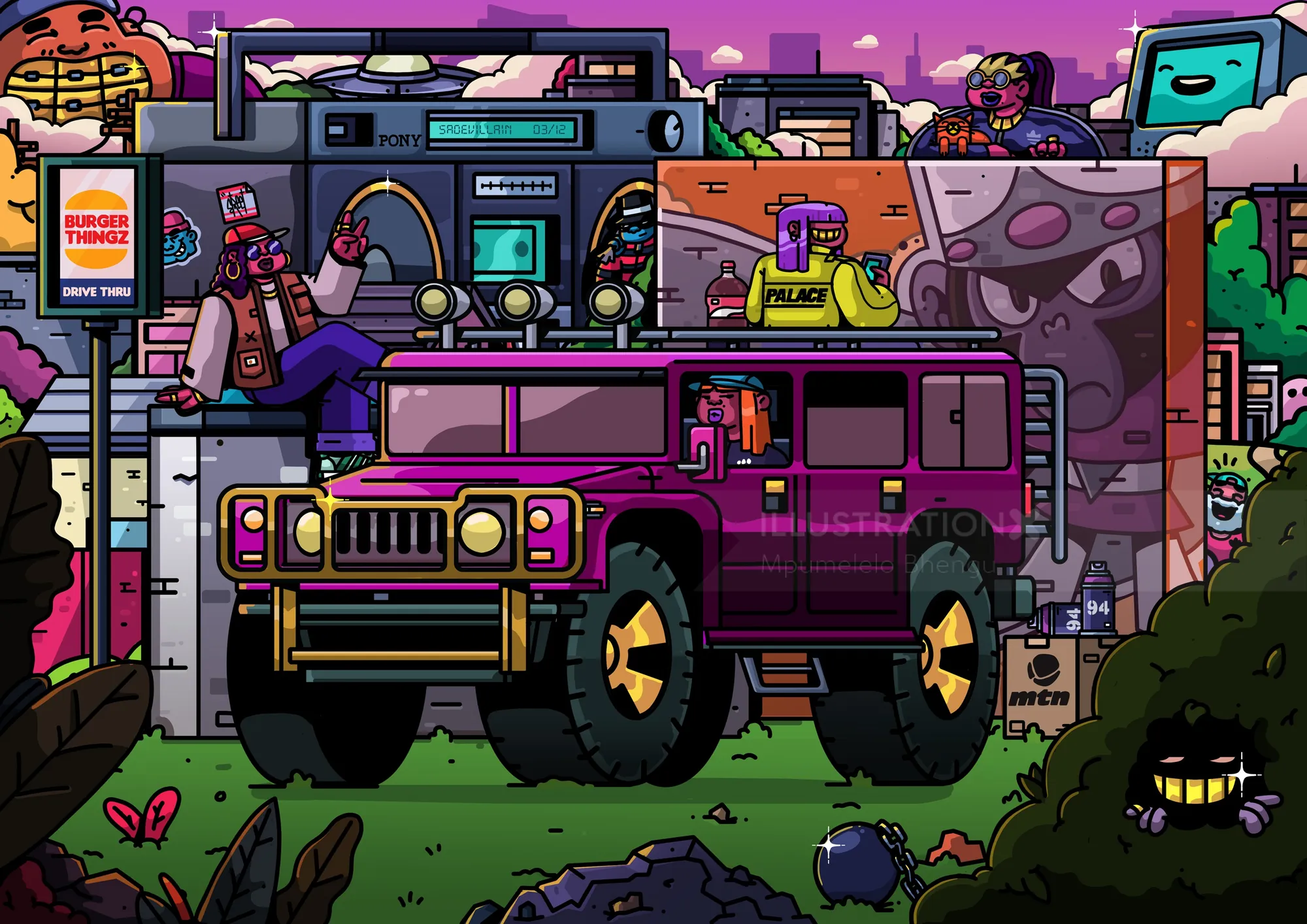 Pixel art of purple off-road vehicle with cartoon characters and city background
