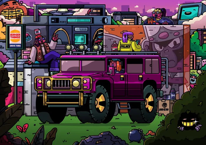 Pixel art of purple off-road vehicle with cartoon characters and city background