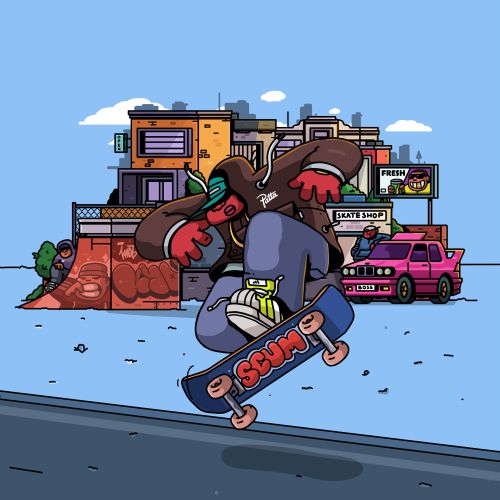 Skateboarder doing a trick near skate shop and urban buildings