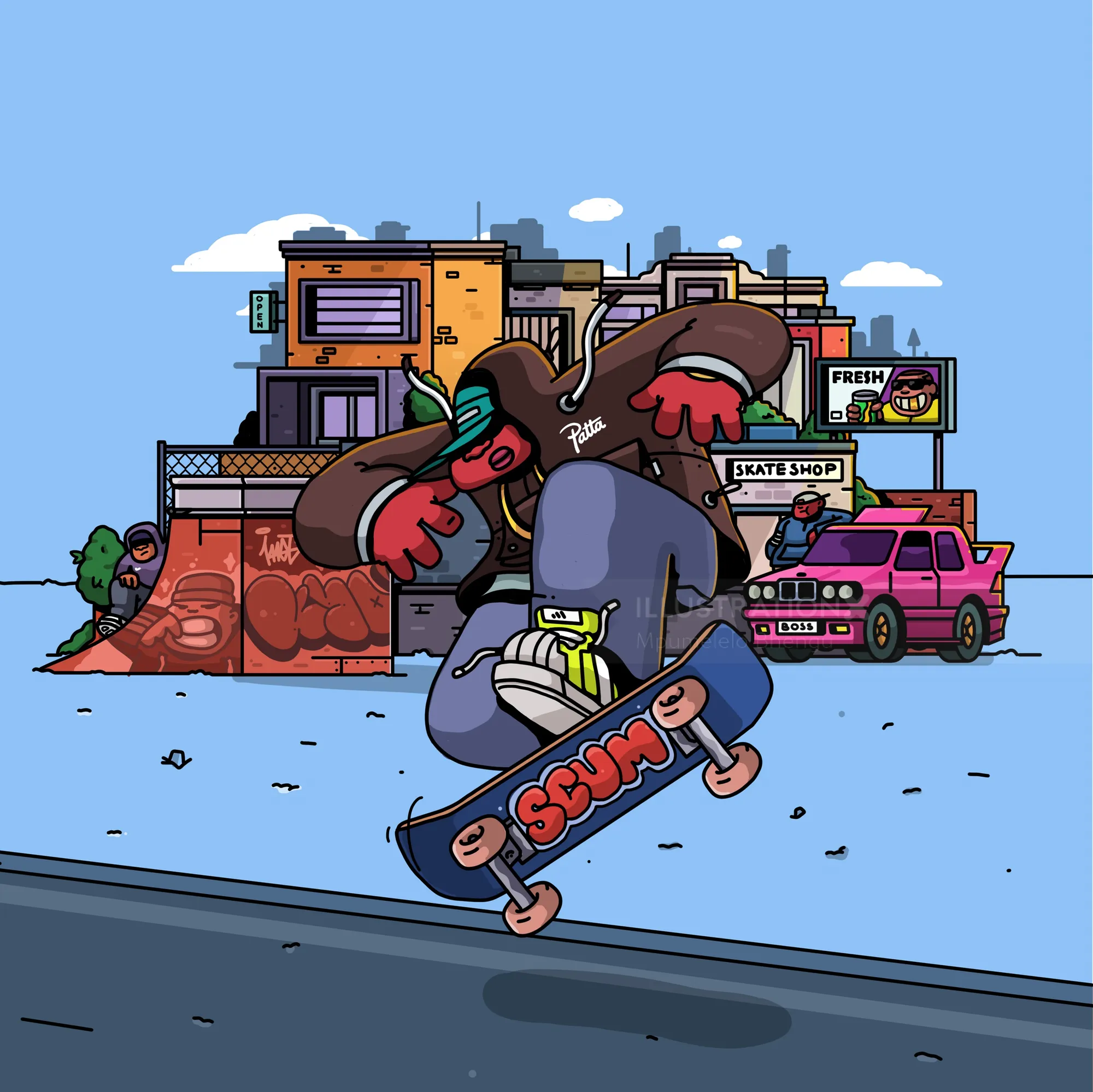 Skateboarder doing a trick near skate shop and urban buildings