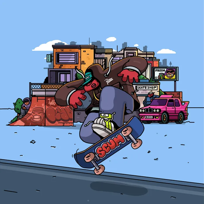 Skateboarder doing a trick near skate shop and urban buildings