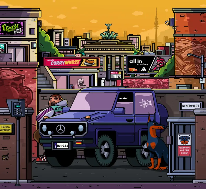 Illustration of Berlin street with purple SUV, dog, and cityscape