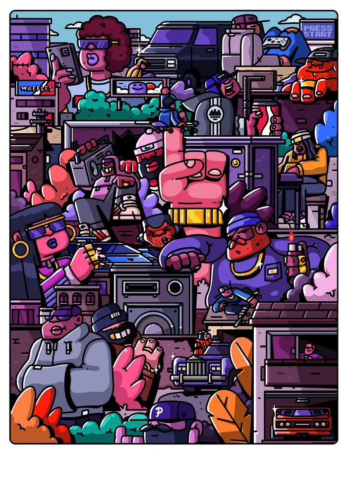 Cartoon characters interacting in a vibrant, busy urban environment