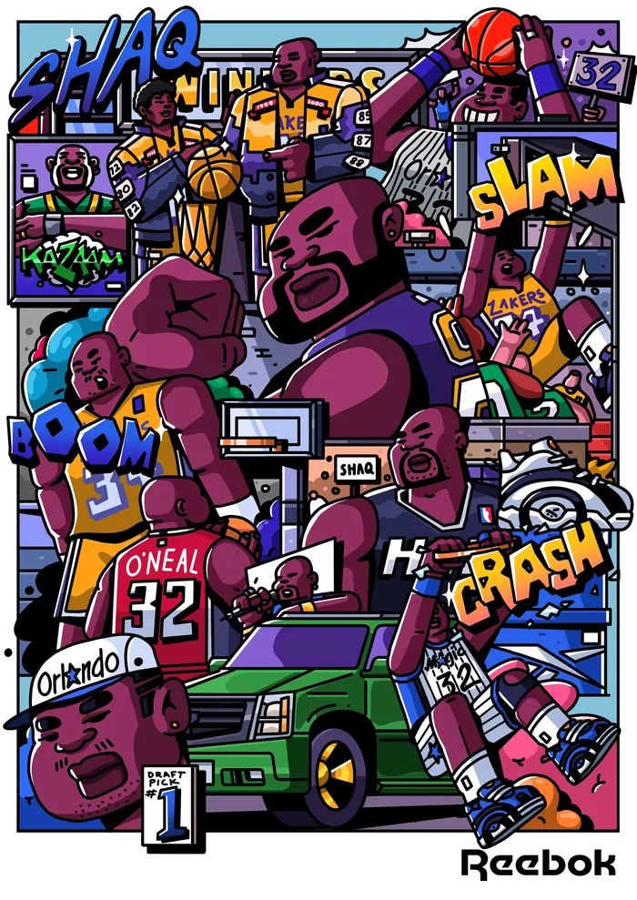 Cartoon collage of Shaquille O'Neal playing basketball with action words