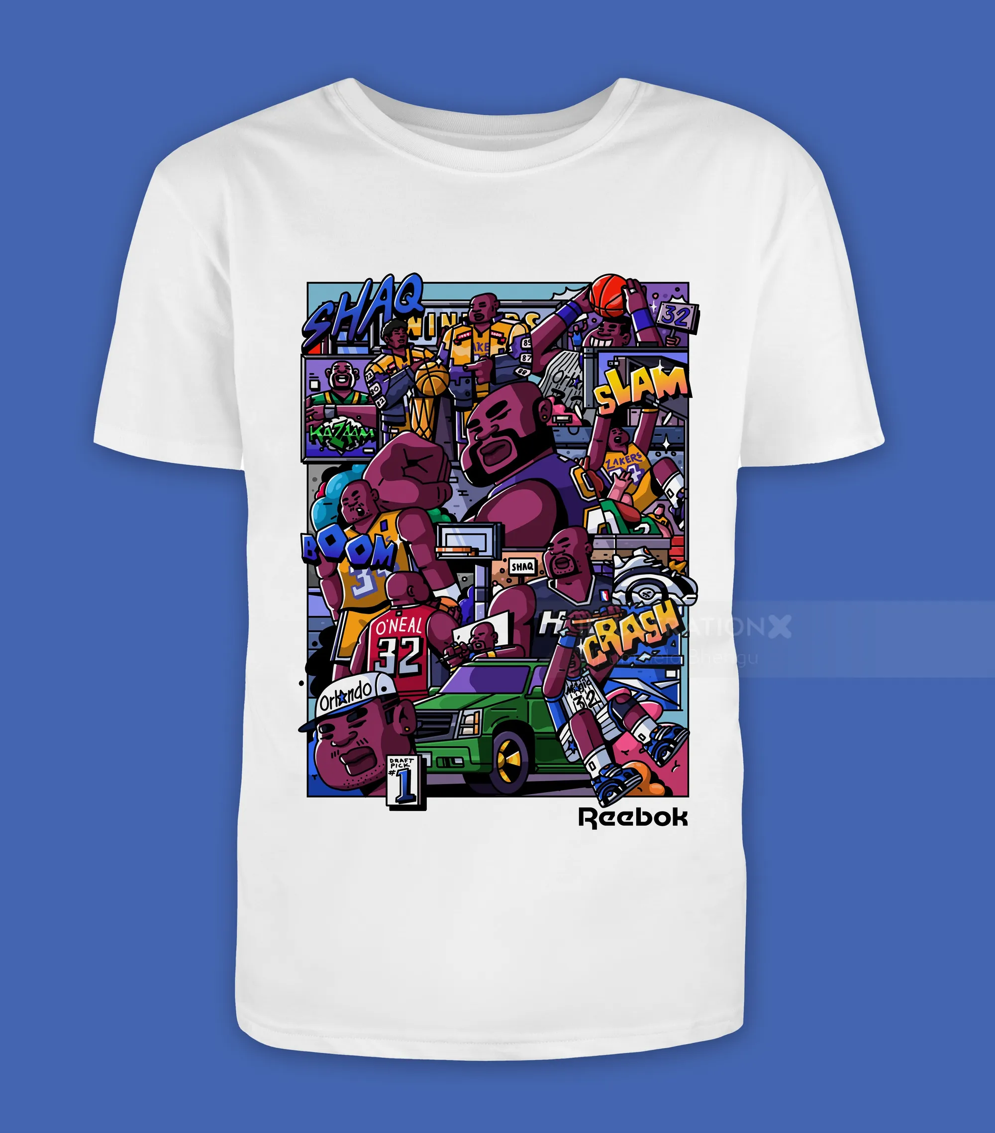 Comic-style artwork featuring basketball, trucks, and urban scenes on a shirt