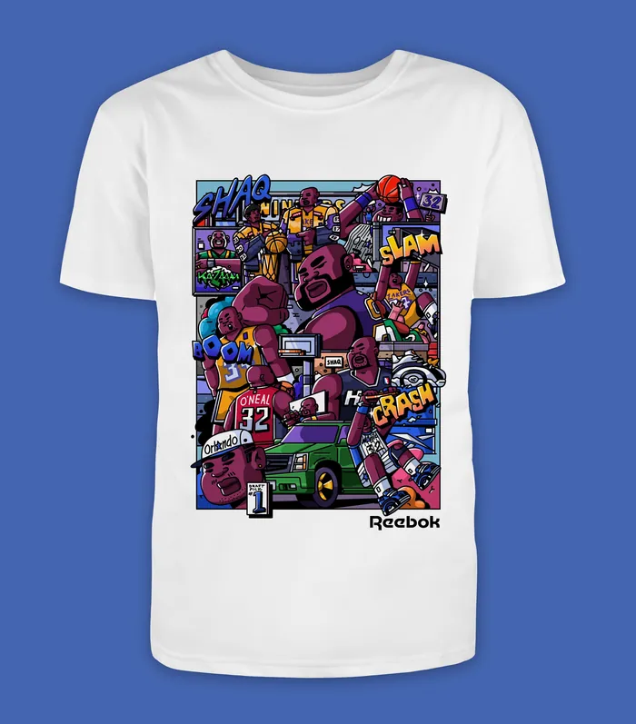 Comic-style artwork featuring basketball, trucks, and urban scenes on a shirt