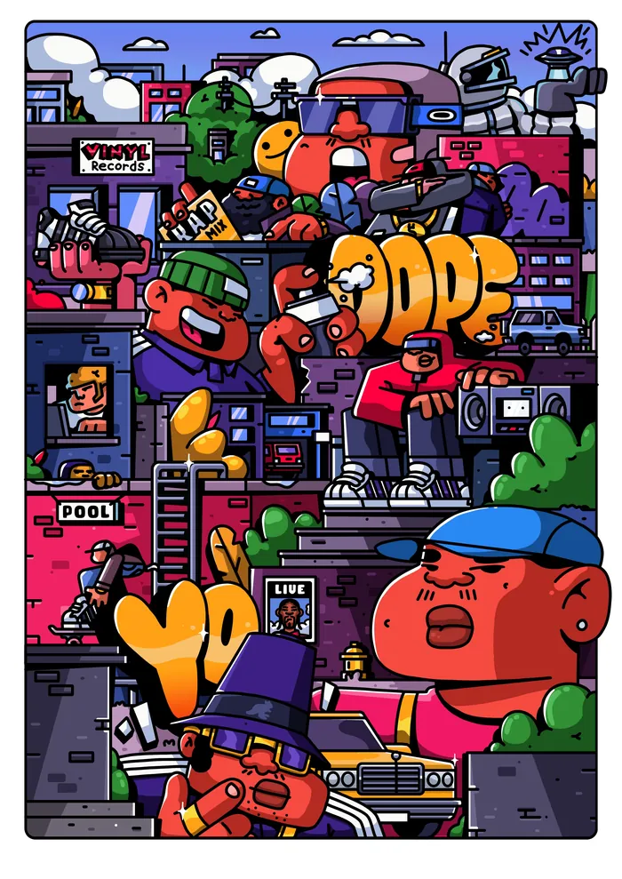 Vibrant cartoon street art featuring characters and bold graffiti lettering