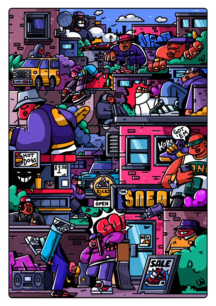 Vibrant street art mural featuring lively urban characters and city scenes