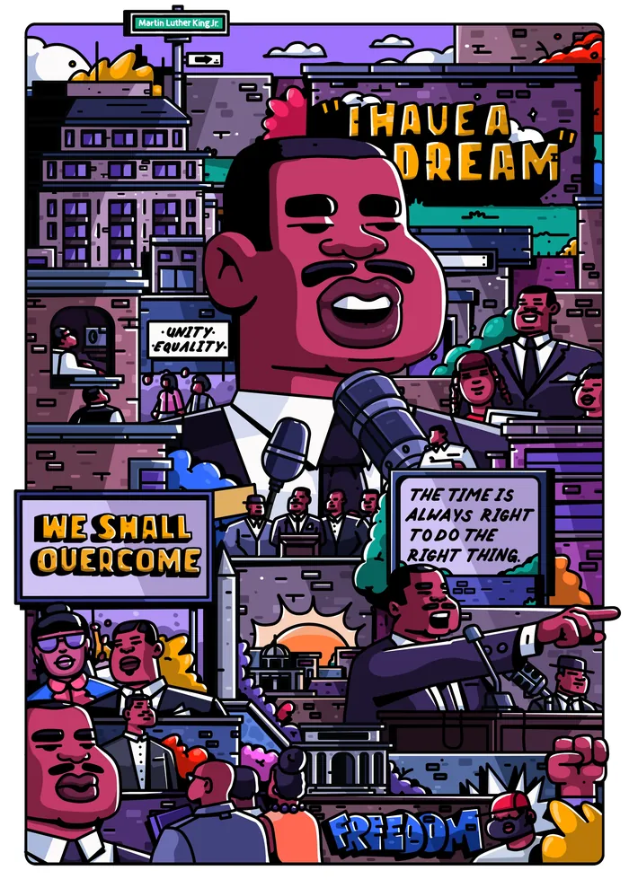 Illustration of Martin Luther King Jr. with civil rights messages