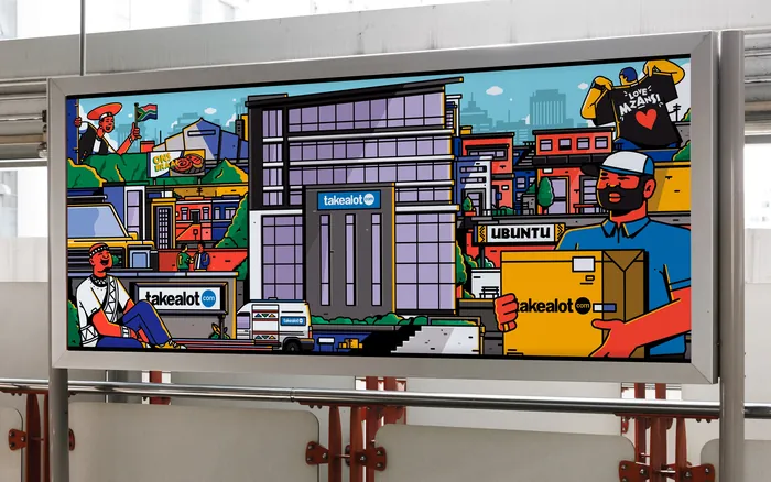 Colorful Takealot billboard with people, buildings, and delivery scenes