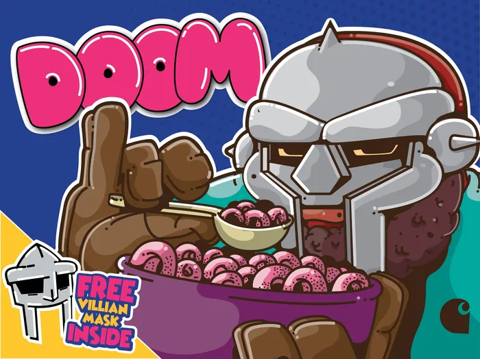 Villain character eating pink cereal from a purple bowl with spoon