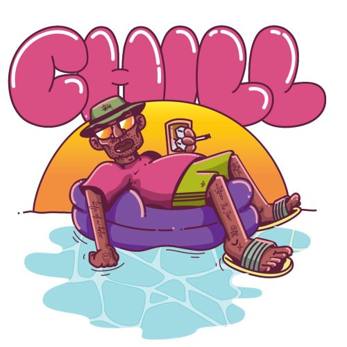 Man chilling on purple float in water with drink and hat
