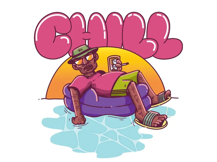 Man chilling on purple float in water with drink and hat