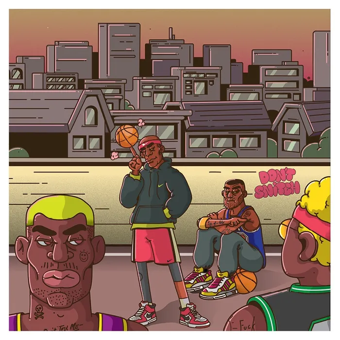 Illustration of basketball players in city with buildings in background