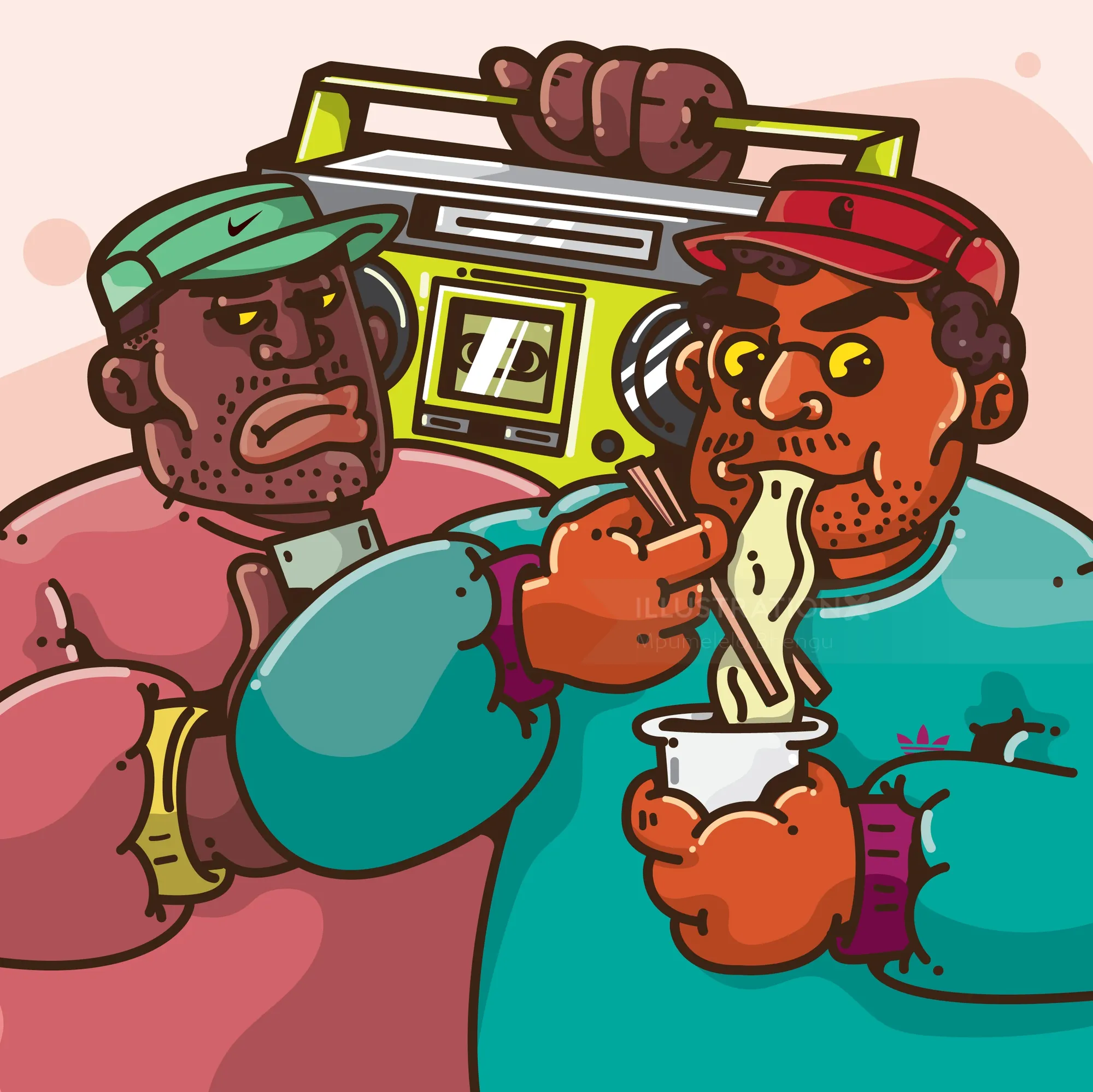 Two men eating noodles with a boombox behind them