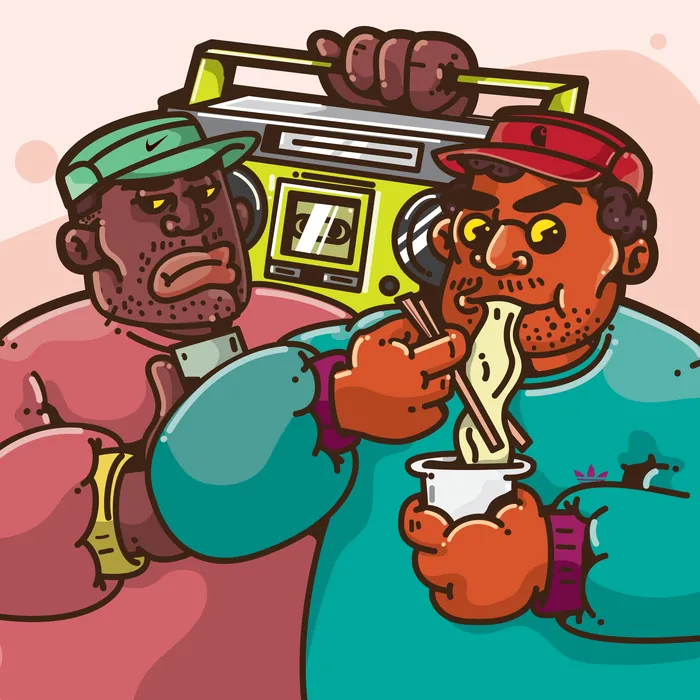 Two men eating noodles with a boombox behind them