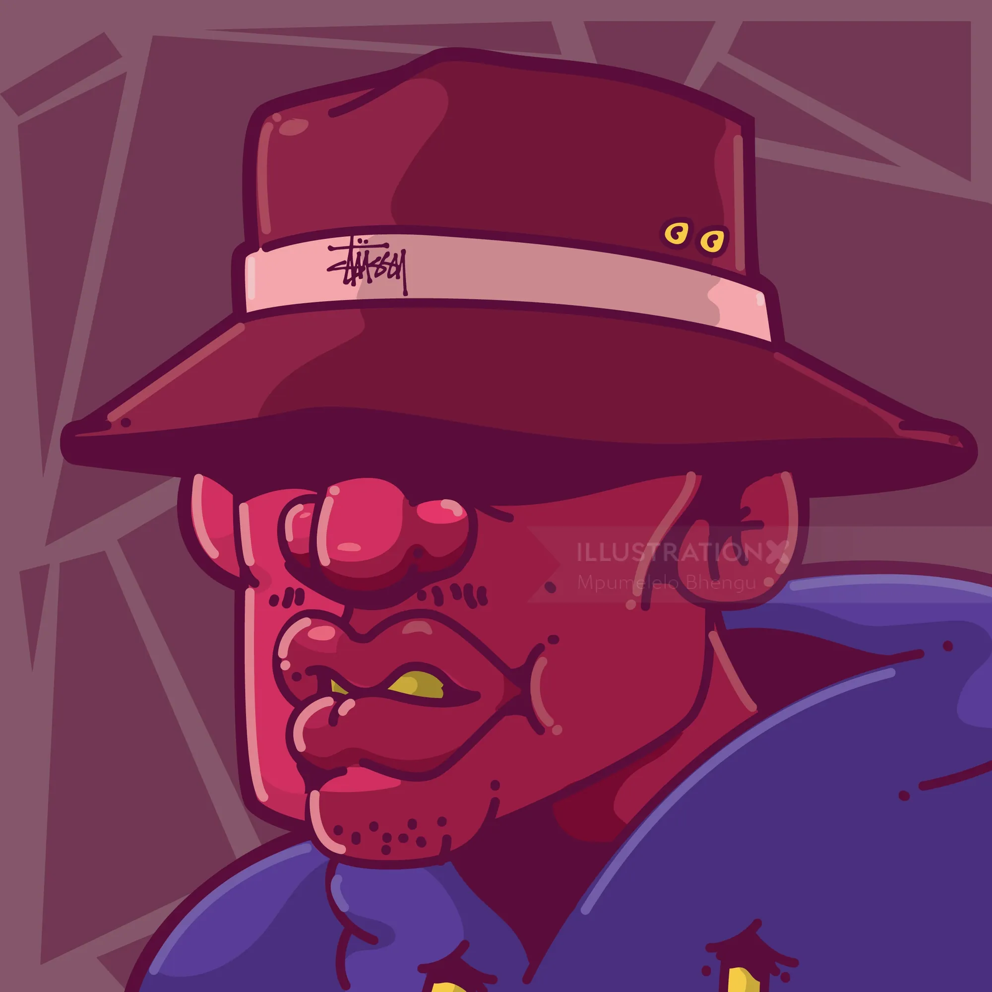 Vector art of a man wearing a hat and hoodie with purple background