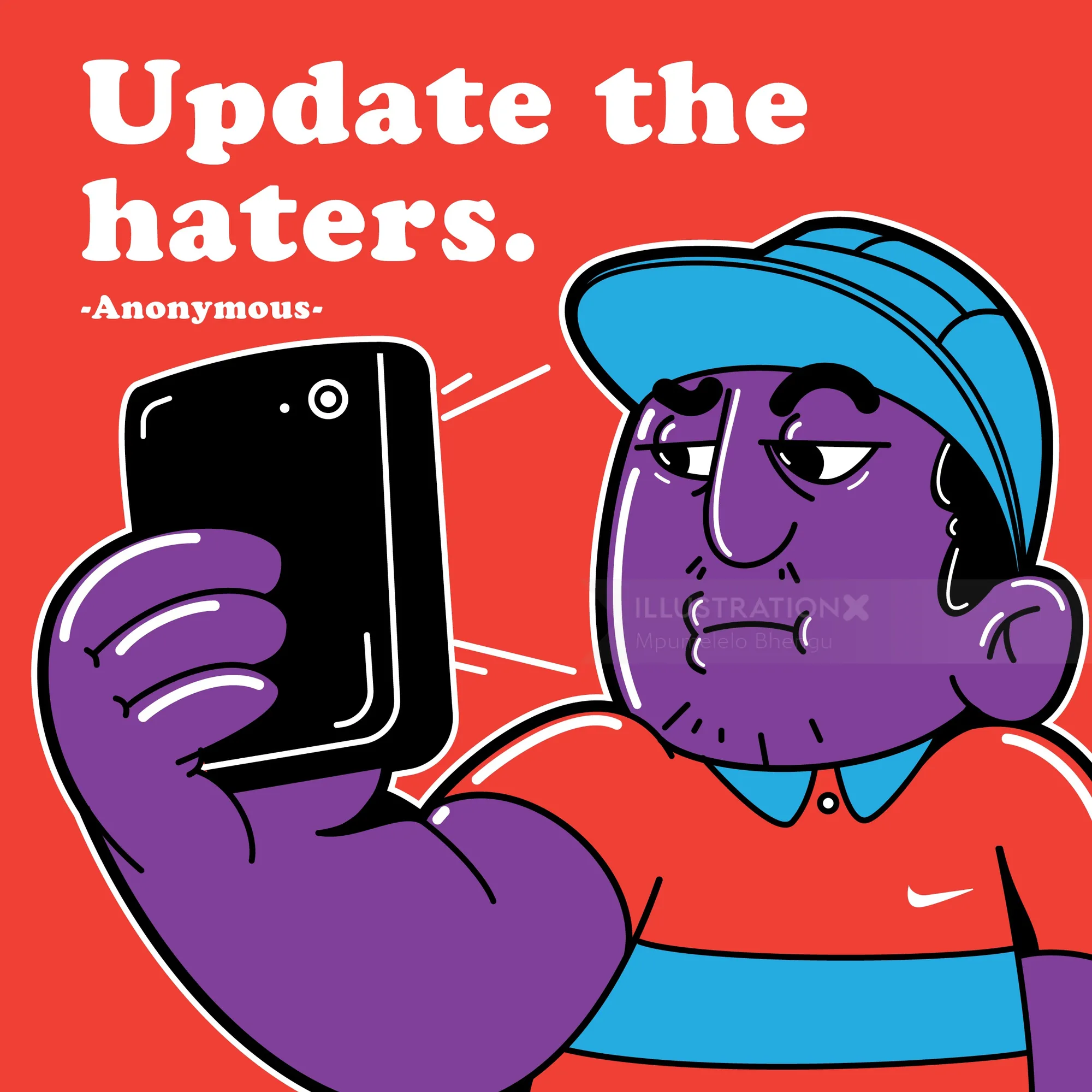 Purple character taking a selfie with 'Update the haters' text.
