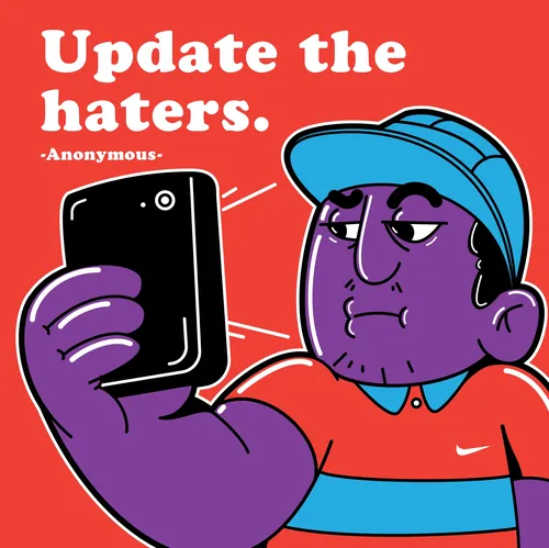 Eine lila Figur macht ein Selfie mit dem Text „Update the haters“.