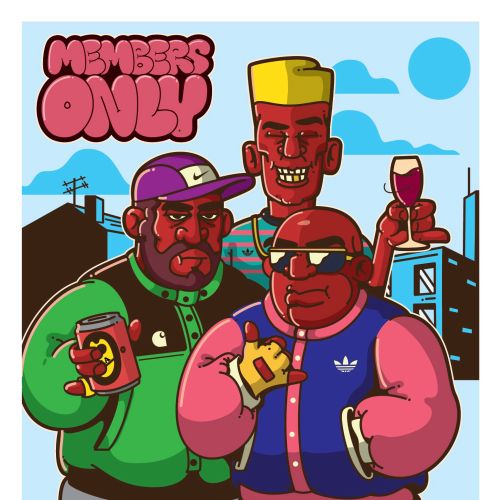 Three animated men holding drinks with Members Only sign
