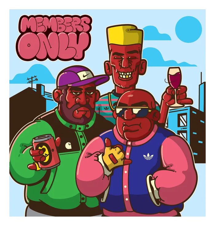 Three animated men holding drinks with Members Only sign