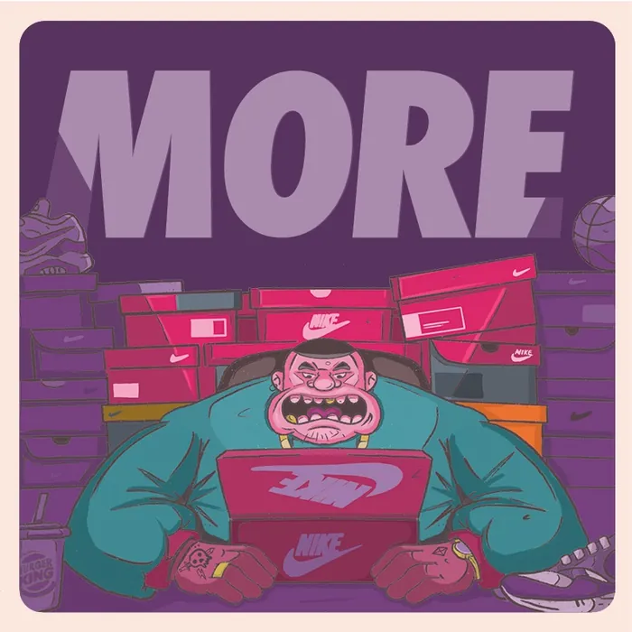 Frustrated man with Nike boxes and basketball behind, working on laptop