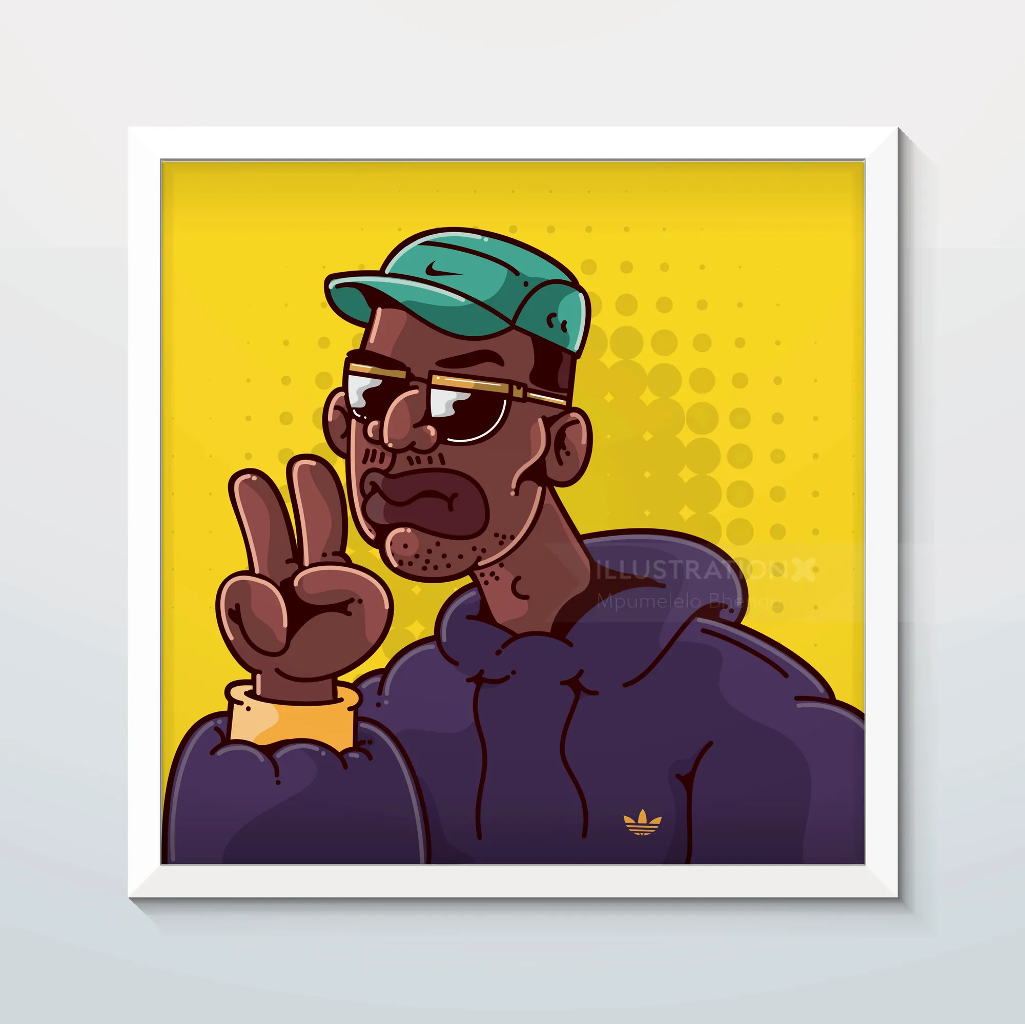 Illustration of a man wearing a cap and glasses showing a peace sign