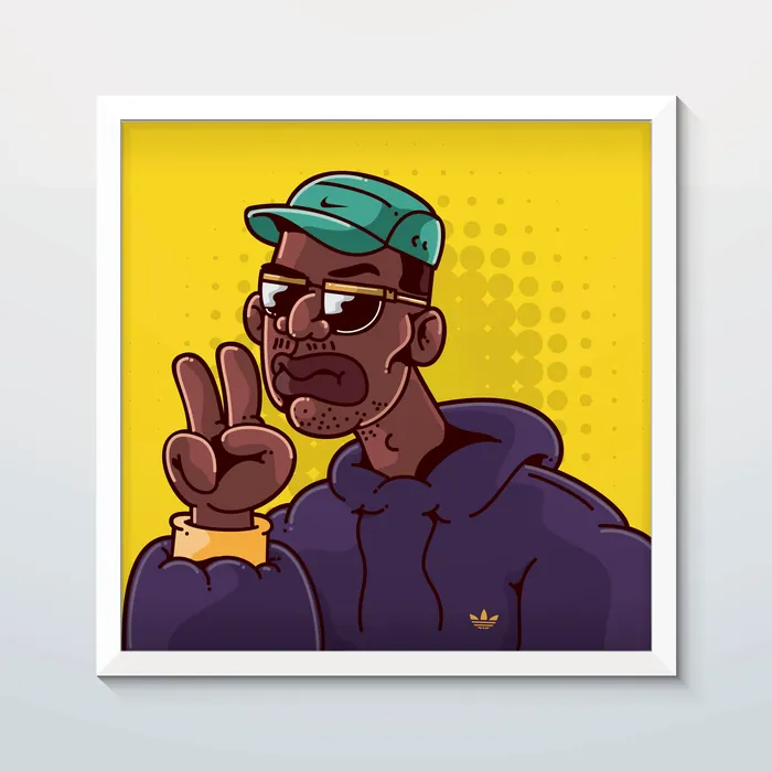 Illustration of a man wearing a cap and glasses showing a peace sign