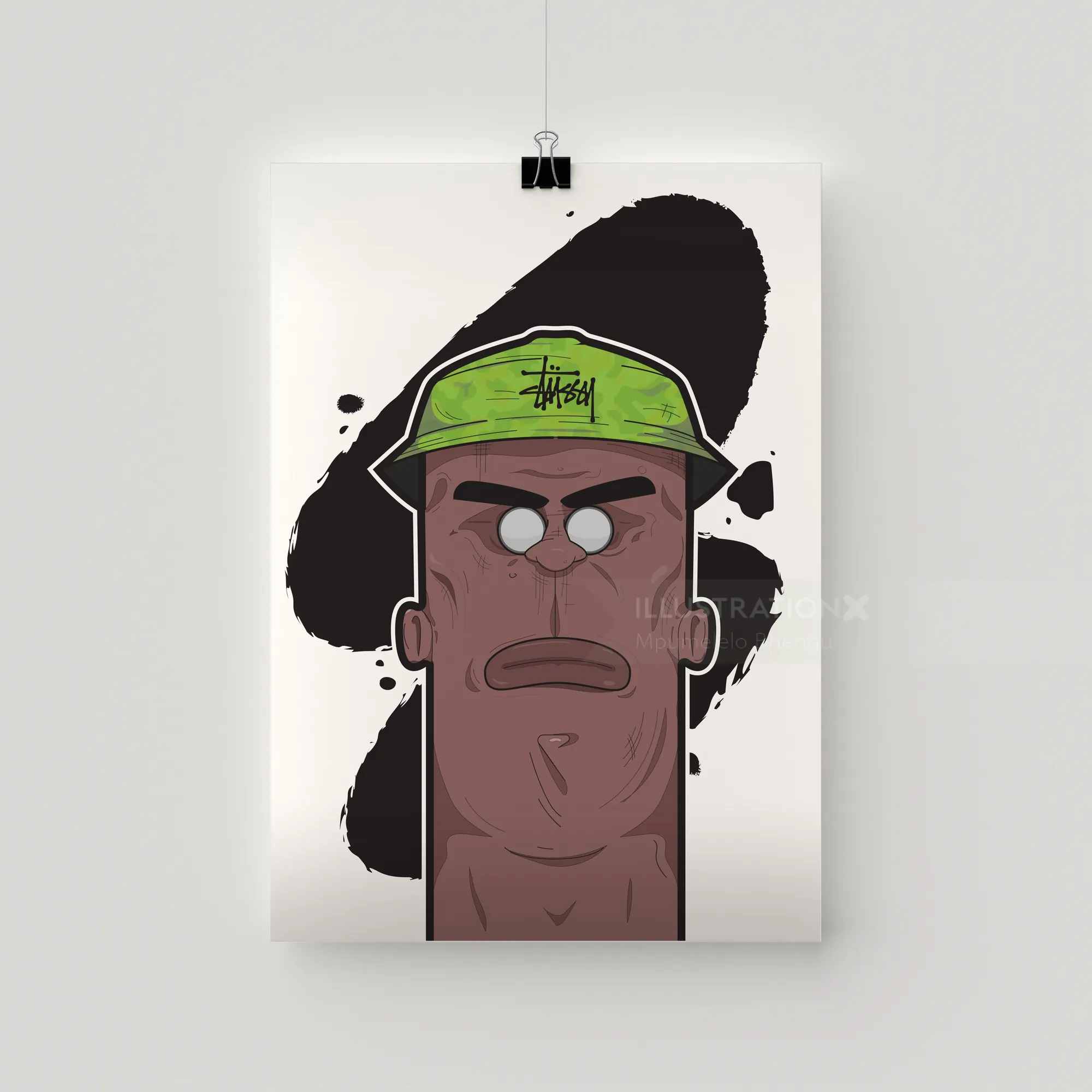Illustration eines Mannes mit grüner Stüssy-Kappe und strengem Gesichtsausdruck
