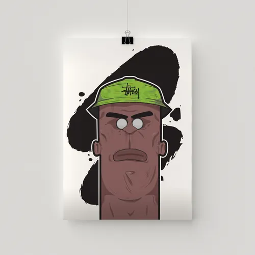 Illustration eines Mannes mit grüner Stüssy-Kappe und strengem Gesichtsausdruck