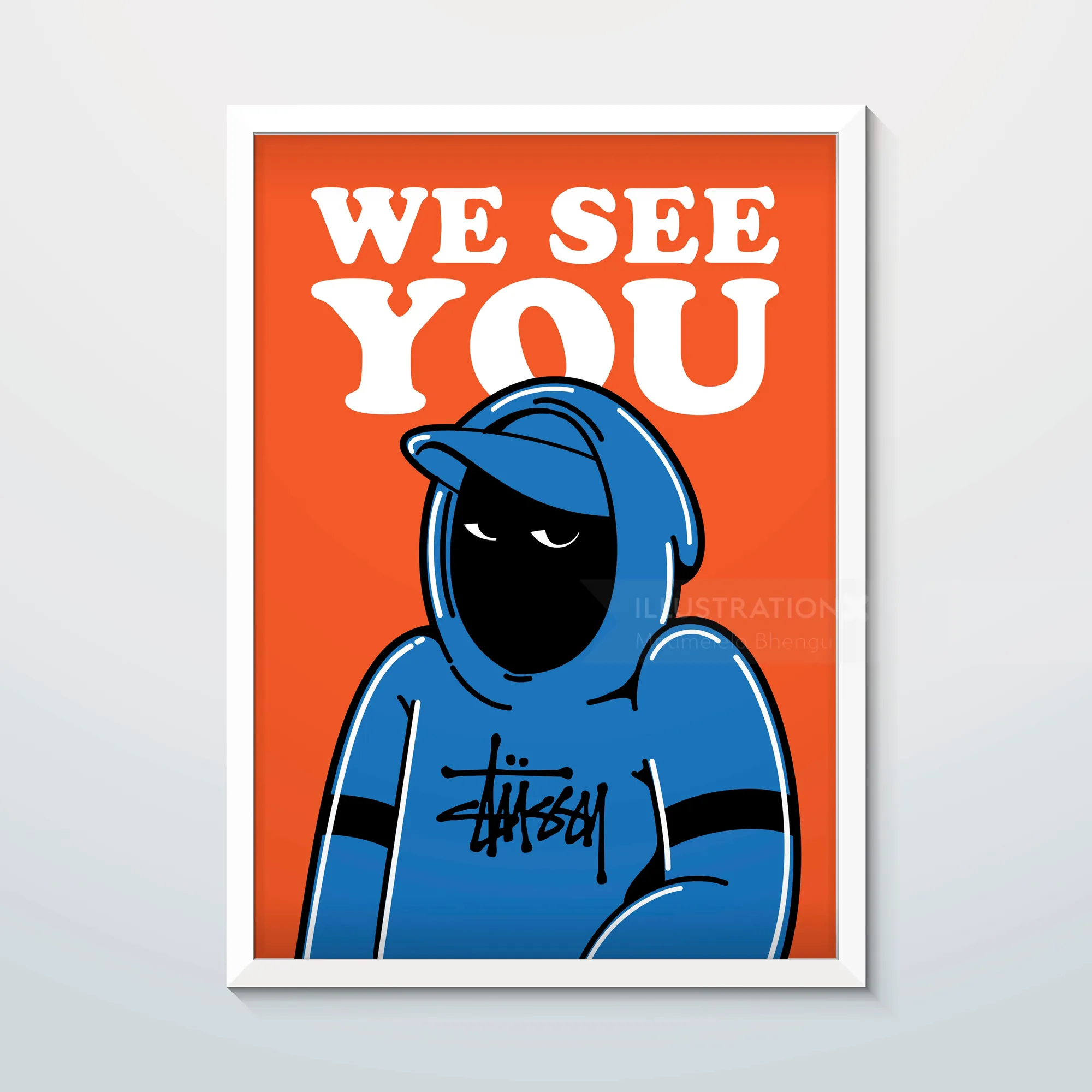 Mysterious person in blue hoodie with 'We See You' text on orange background