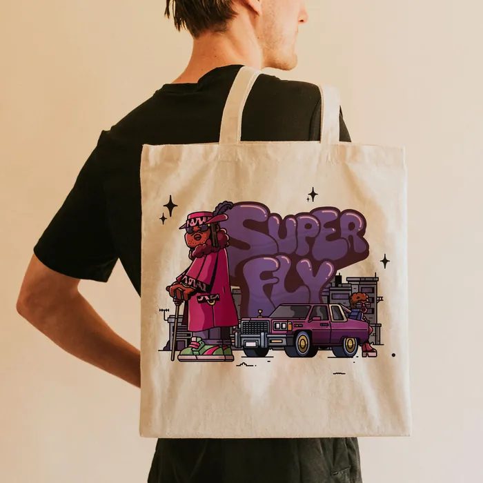 Tote bag featuring cartoon character and 'Super Fly' text in purple