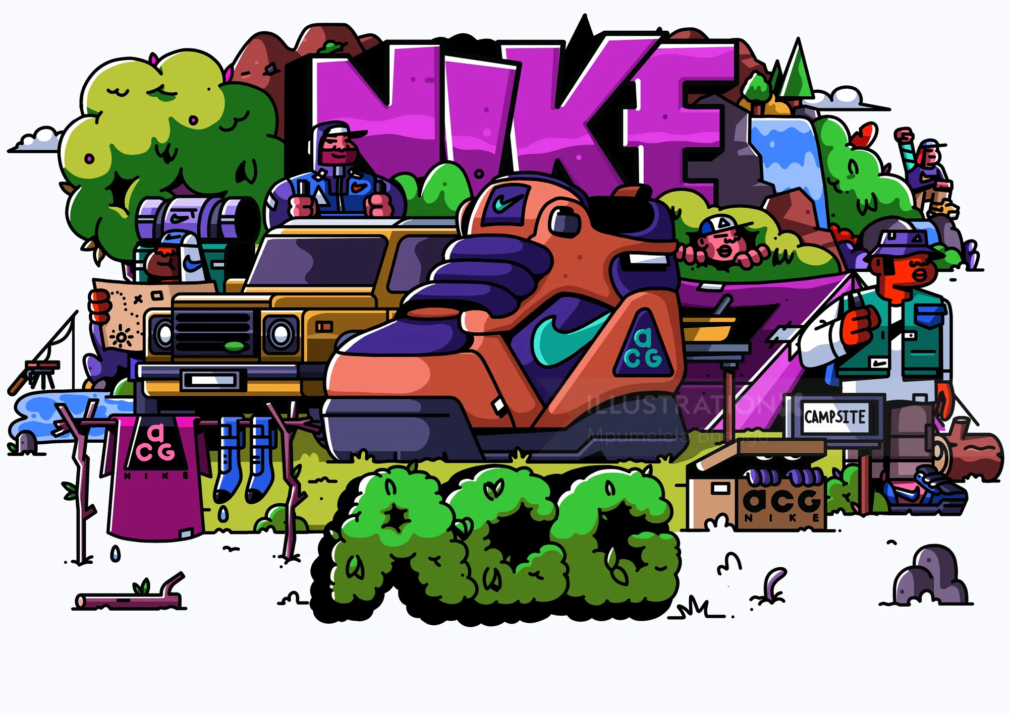 Colorful Nike ACG graffiti with shoes and outdoor elements