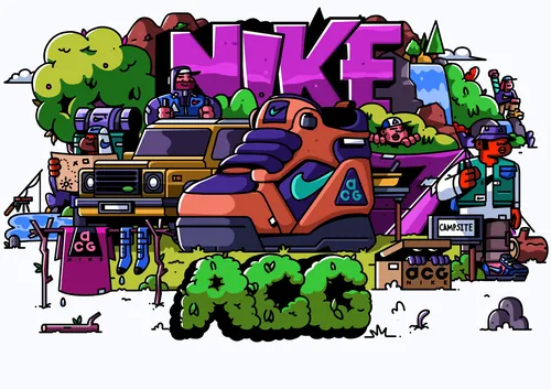 Farbenfrohe Nike ACG-Graffiti mit Schuhen und Outdoor-Elementen