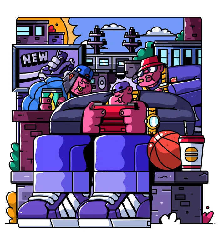 Two people playing video games with snacks and basketball indoors