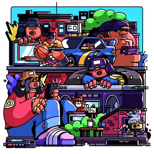 Illustration of diverse people in an urban setting with basketball and vehicles